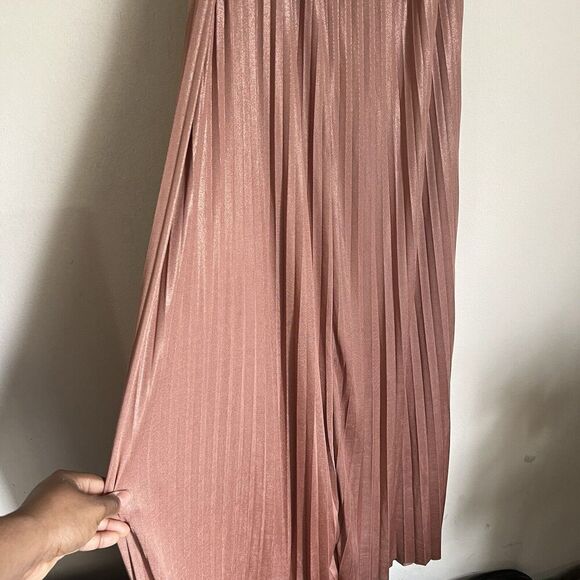 Halston Heritage Pleated Lamé Metallic One-Shoulder Maxi Dress 8 Belted Gown - Picture 6 of 9